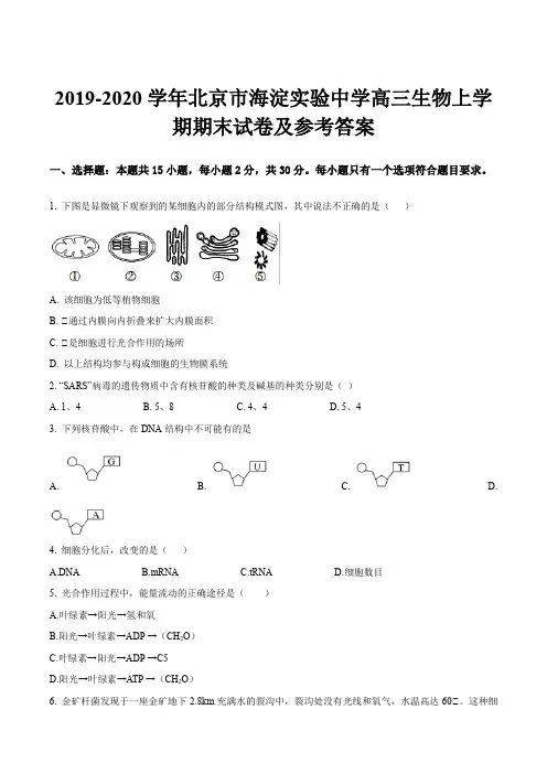 2019-2020学年北京市海淀实验中学高三生物上学期期末试卷及参考答案