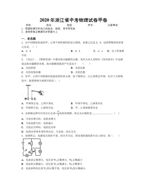 2020年浙江省中考物理试卷甲卷附解析