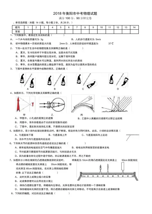 2018年衡阳市中考物理试题(含参考答案)