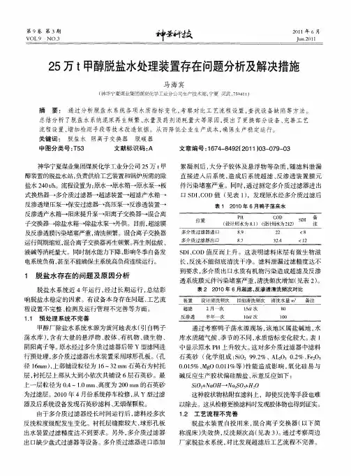 25万t甲醇脱盐水处理装置存在问题分析及解决措施
