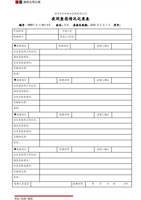 夜间查岗情况记录表(标准范本)