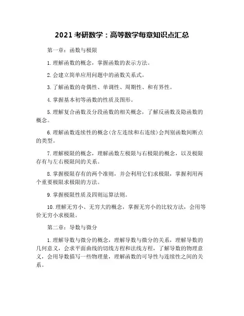 2021考研数学：高等数学每章知识点汇总