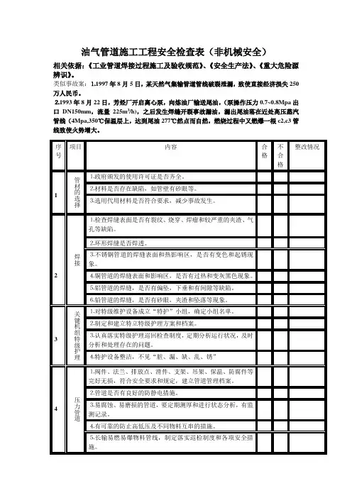 管道施工工程安全检查表