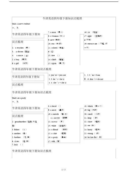 牛津英语小学四年级的下册的学习知识点梳理.docx