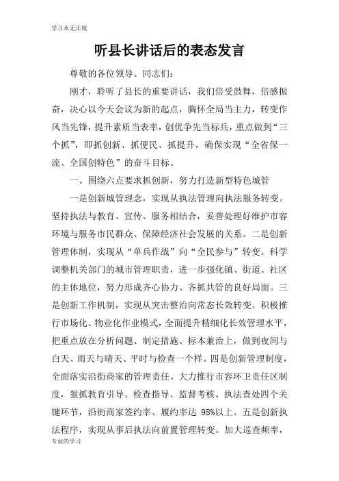 听县长重要说话发言后的表态发言