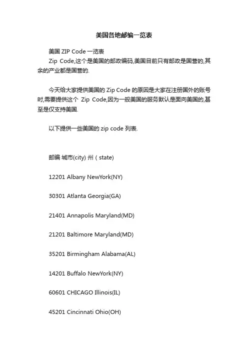 美国各地邮编一览表