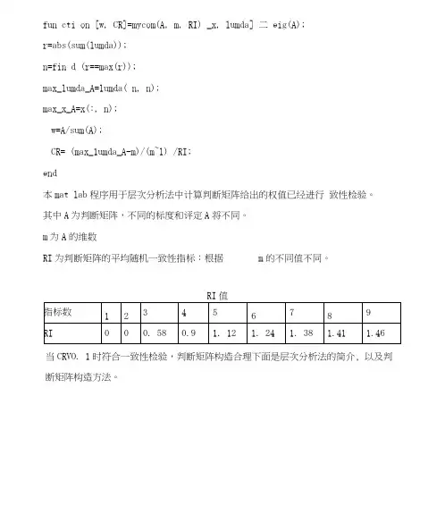 层次分析法判断矩阵求权值以及一致性检验程序