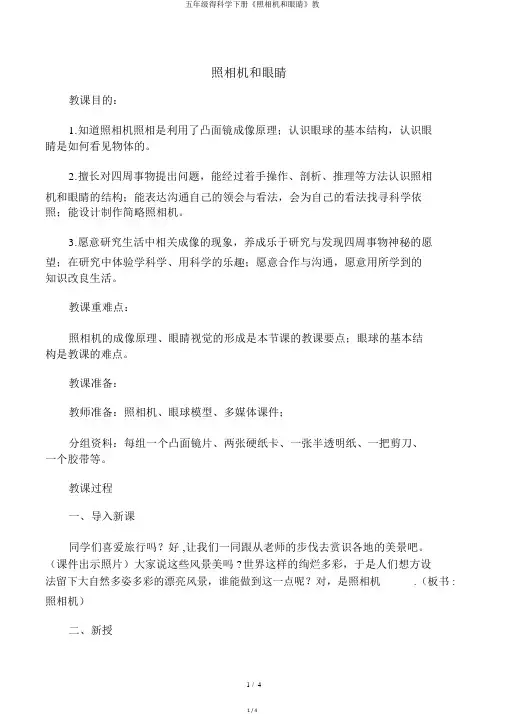 五年级得科学下册《照相机和眼睛》教