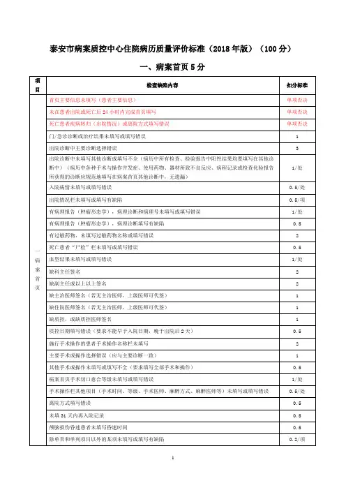 住院病历质量评价标准2018版