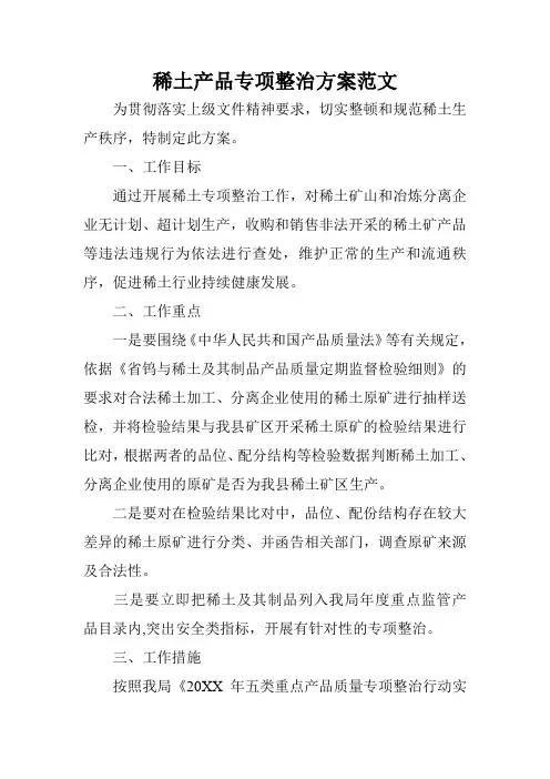 稀土产品专项整治方案范文