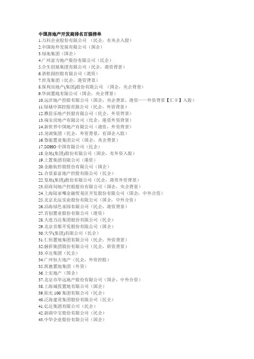 地产公司排名及企业性质