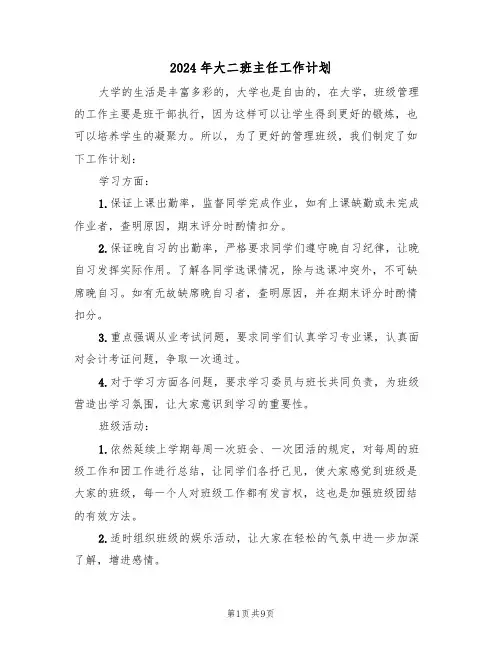 2024年大二班主任工作计划（3篇）