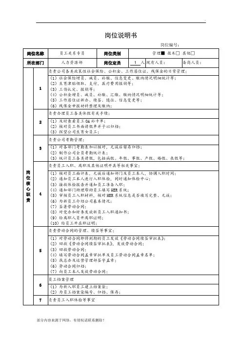 员工关系主管岗位说明书