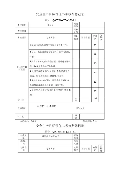 安全生产目标责任书考核奖惩记录