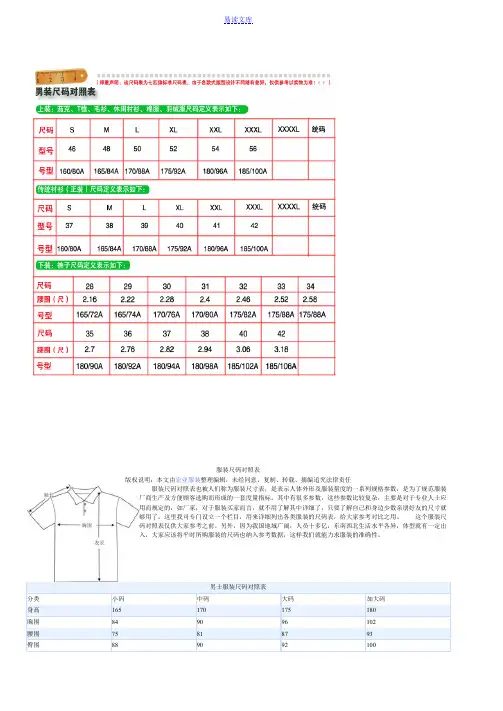 衣服尺码对照表(完美版)
