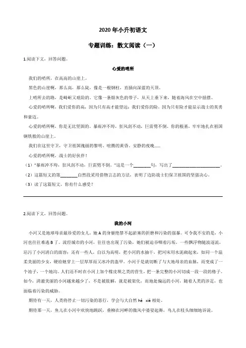 2020年小升初专题训练：散文阅读(一)(含答案)