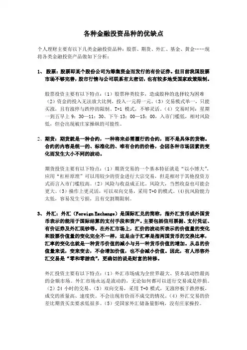 各种金融投资品种的优缺点