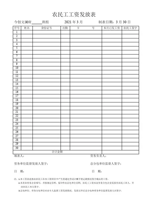 农民工工资发放签字表