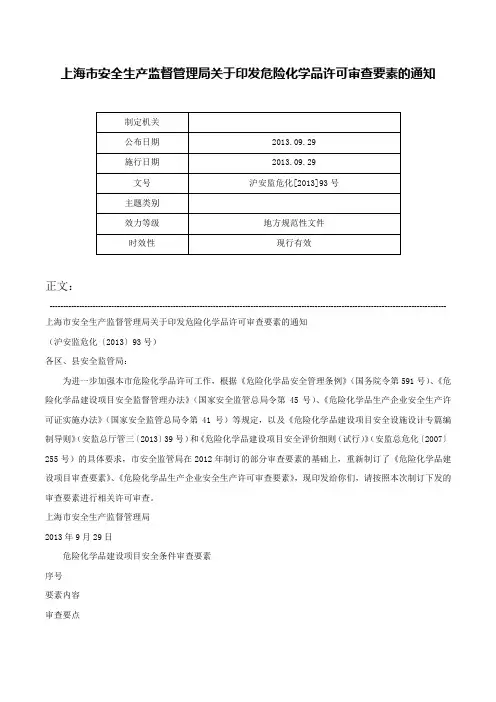 上海市安全生产监督管理局关于印发危险化学品许可审查要素的通知-沪安监危化[2013]93号