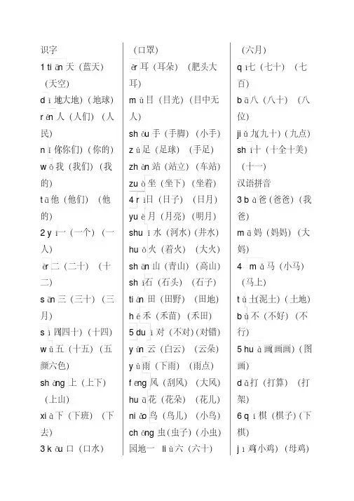 部编版一年级上册语文识字表生字组词(带拼音)