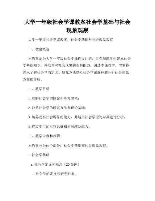 大学一年级社会学课教案社会学基础与社会现象观察