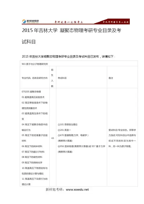 2015年吉林大学 凝聚态物理考研专业目录及考试科目