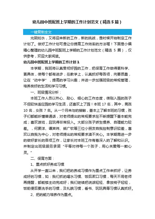 幼儿园中班配班上学期的工作计划范文（精选5篇）