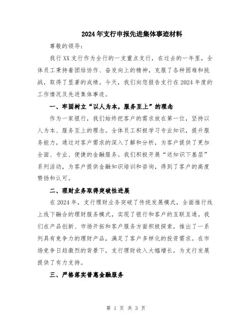 2024年支行申报先进集体事迹材料