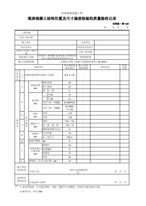 现浇混凝土结构位置及尺寸偏差检验批质量验收记录