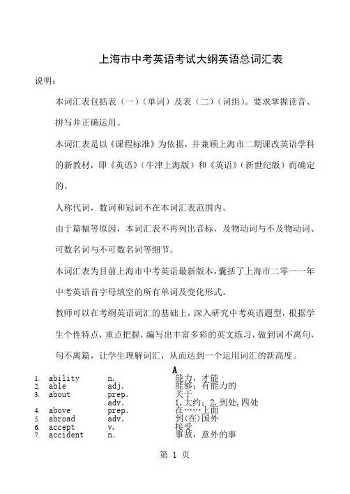 上海中考大纲词汇表[资料]共51页word资料