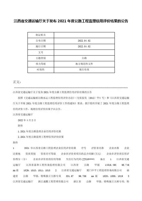 江西省交通运输厅关于发布2021年度公路工程监理信用评价结果的公告-