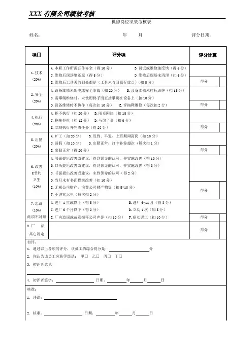 机修岗位绩效考核表