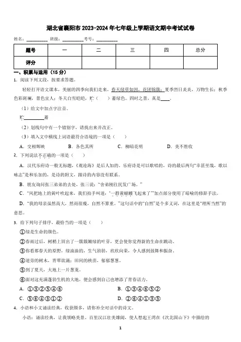 湖北省襄阳市2023-2024年七年级上学期语文期中考试试卷(含答案)