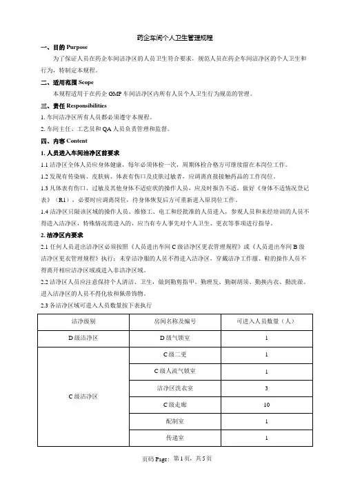 药企车间洁净区个人卫生管理规程