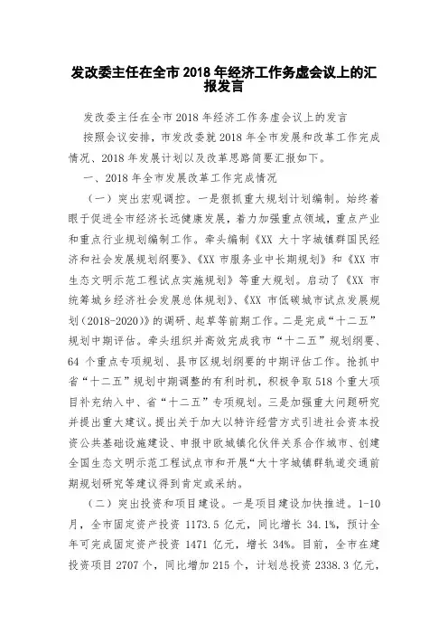 发改委主任在全市2018年经济工作务虚会议上的汇报发言