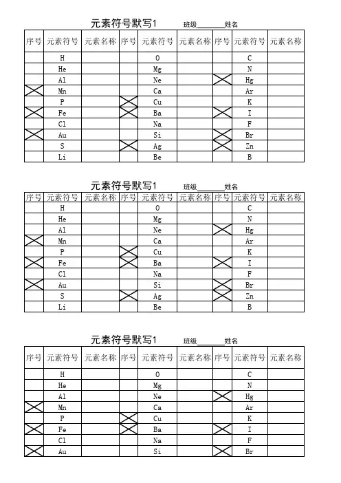 人教版九年级化学必背30个元素符号默写