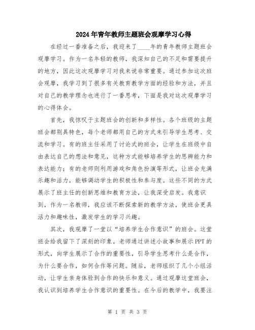 2024年青年教师主题班会观摩学习心得