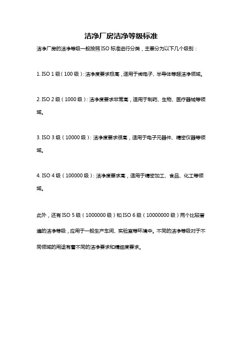 洁净厂房洁净等级标准