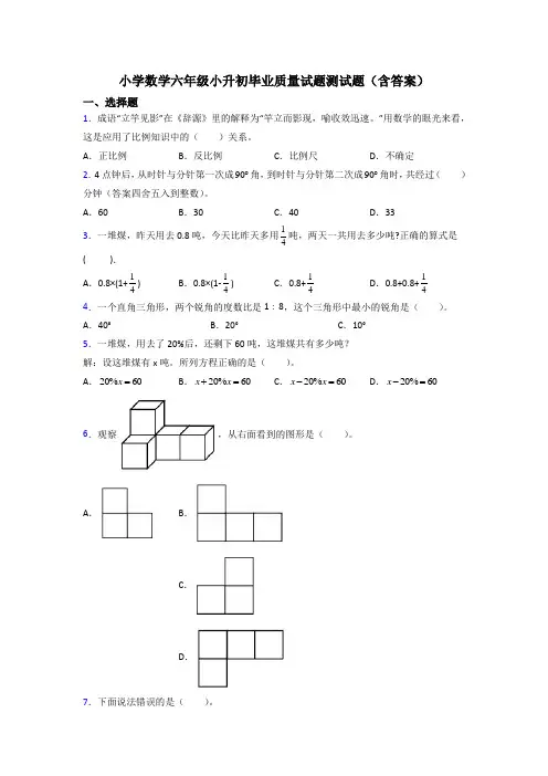 小学数学六年级小升初毕业质量试题测试题(含答案)