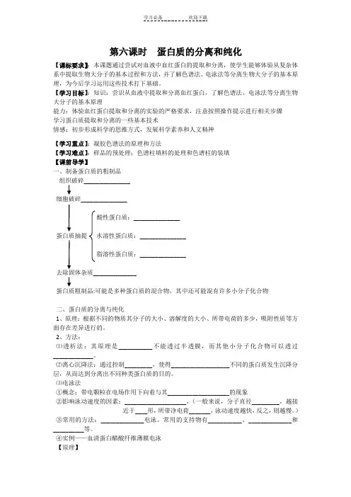 高二生物选修一第六课时蛋白质的分离和纯化导学案