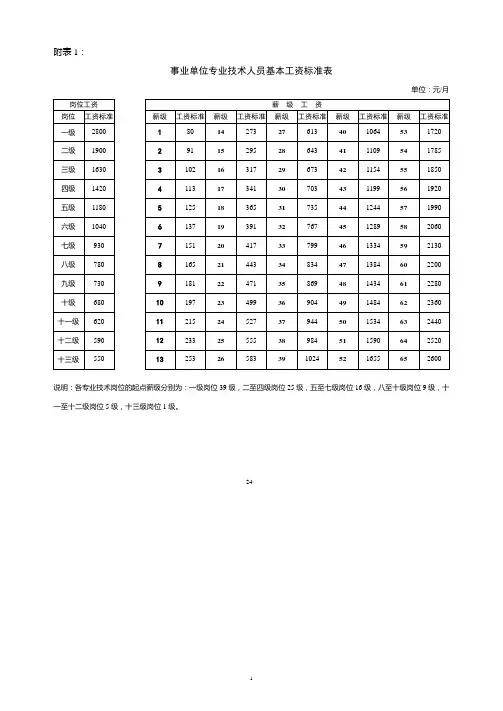 事业单位专业技术人员基本工资标准表