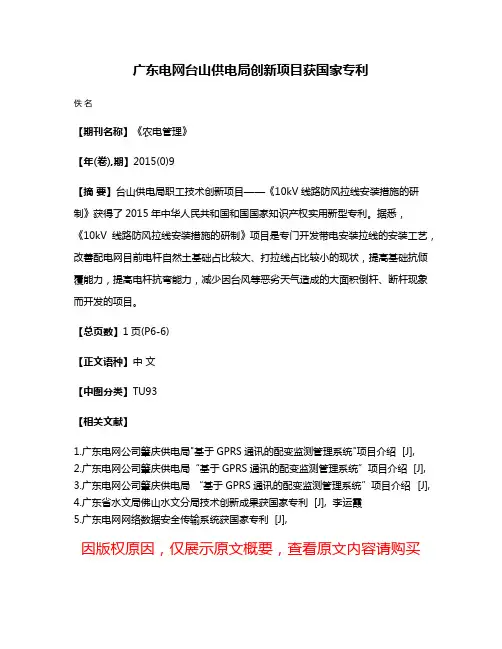 广东电网台山供电局创新项目获国家专利
