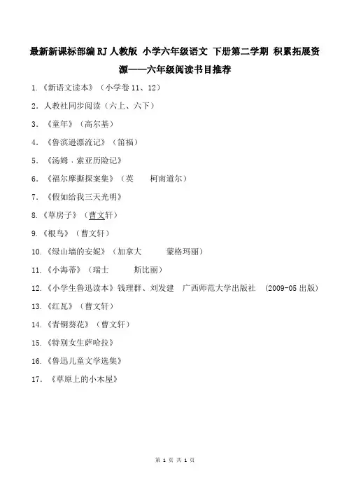 最新新课标部编RJ人教版 小学六年级语文 下册第二学期 积累拓展资源——六年级小学生阅读书目推荐