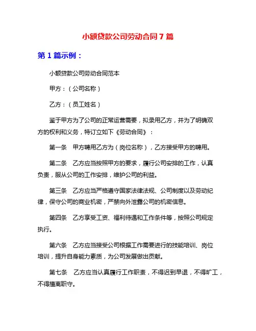 小额贷款公司劳动合同7篇