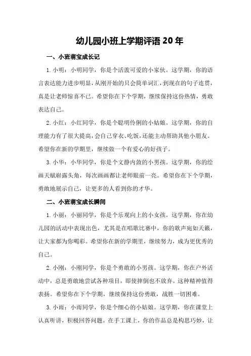 幼儿园小班上学期评语20年