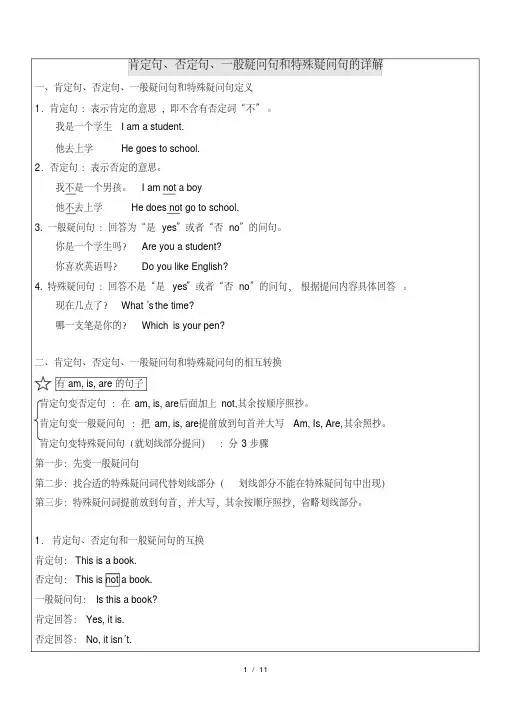 小学英语四种基本句型-肯定句、否定句、一般疑问句和特殊疑问句