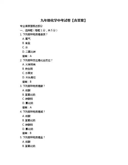 九年级化学中考试卷【含答案】