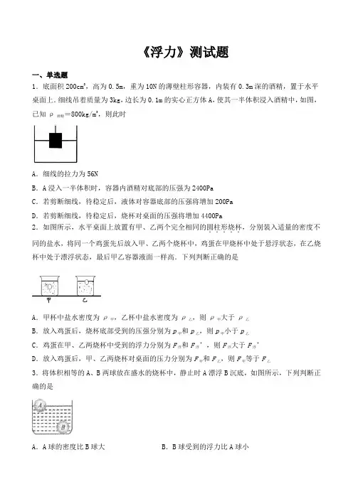 人教版初中物理八年级下册第十章《浮力》测试试题(含答案)