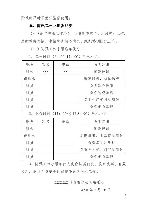 防汛预案及防汛人员安排表
