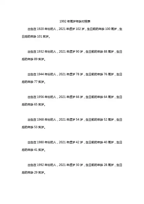 1992年周岁年龄对照表